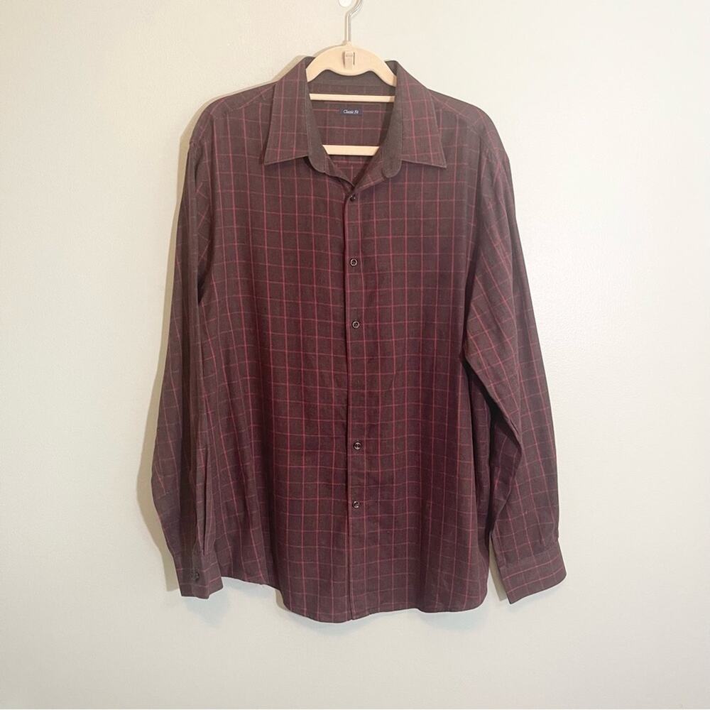 Perry Ellis Mens Cotton Plaid Classic Fit Collared‎ Button Down Shirt Brown XL